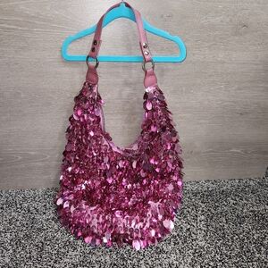 Y2K 90s Vintage Pink Sequin Slouchy Boho Bling Shoulder Bag Purse Shiny 2000s